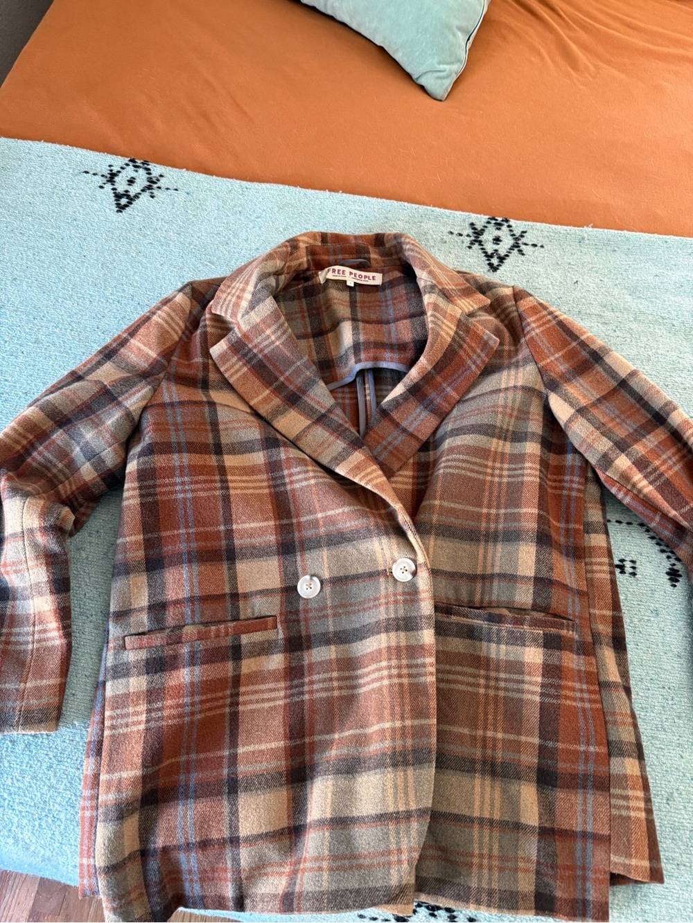 Free People Plaid Double-Breasted Pea Coat in Rust, Beige & Gray